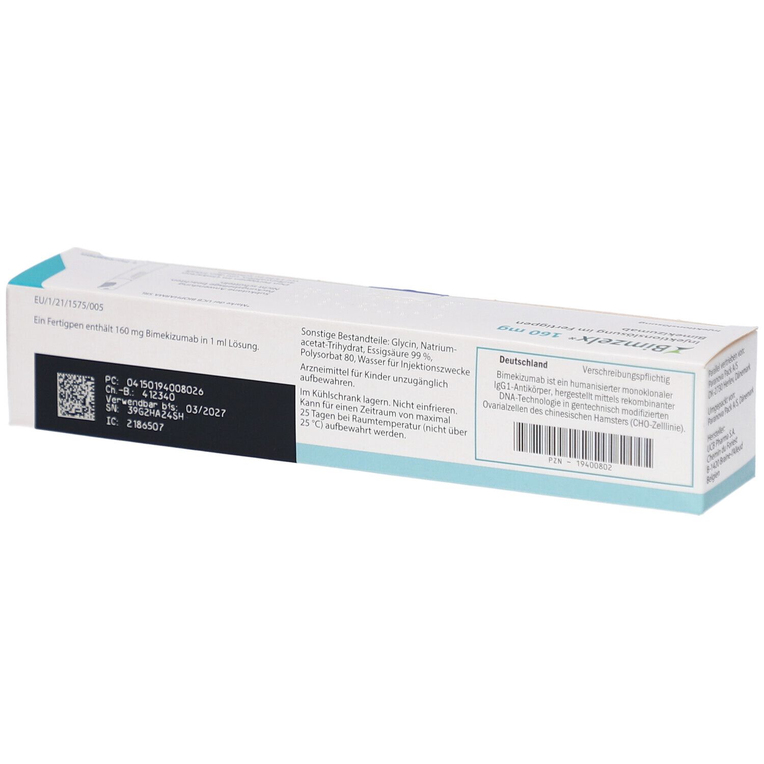 Bimzelx 160 mg Injektionslösung im Fertigpen. Rückseite der Schachtel. Text und QR-Code. UCB Pharma.