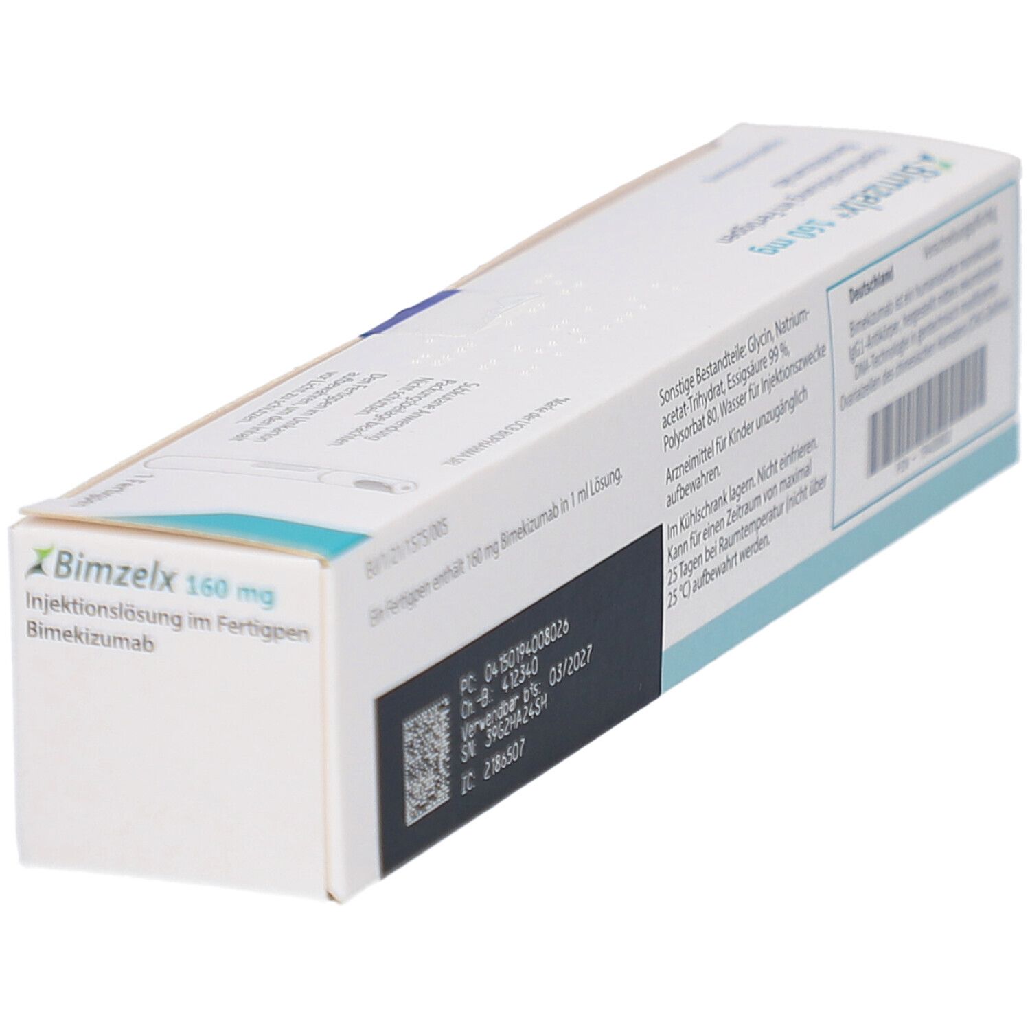 Bimzelx 160 mg Injektionslösung im Fertigpen. Schachtel, schräg. Text und QR-Code. UCB Pharma.