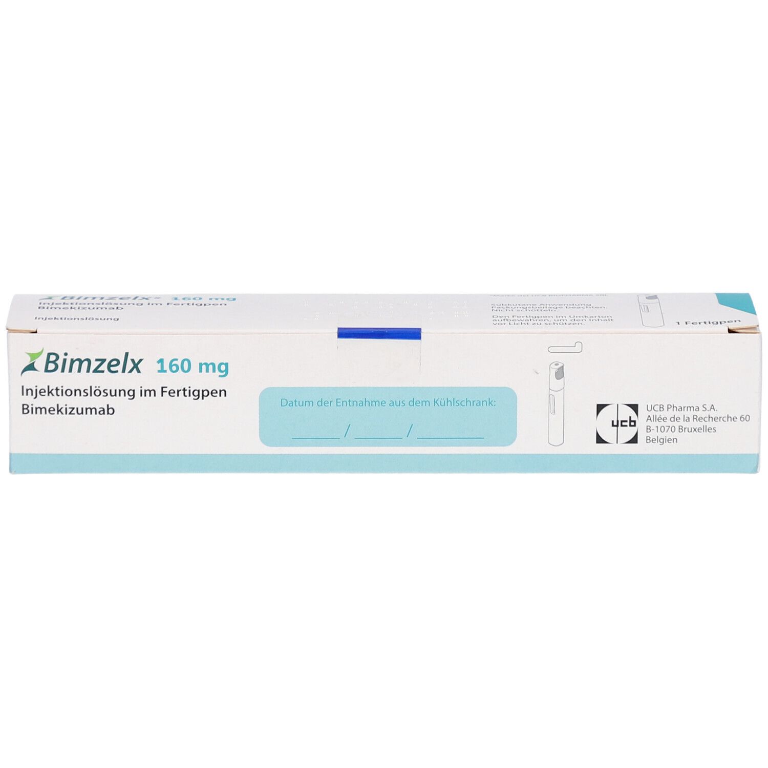 Bimzelx 160 mg Injektionslösung im Fertigpen. Weiße Schachtel mit blauer Markierung. UCB Pharma Logo.