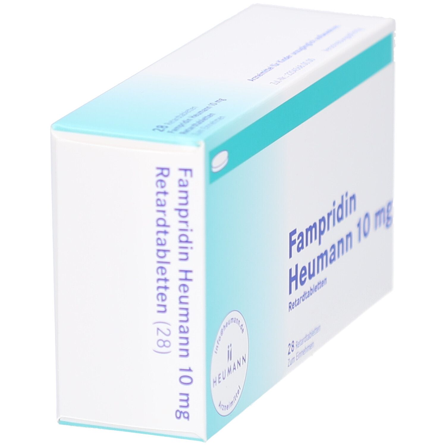Schachtel mit FAMPRIDIN Heumann 10 mg Retardtabletten. Aufdruck: 28 Tabletten. Heumann Logo. Ansicht von der Seite.