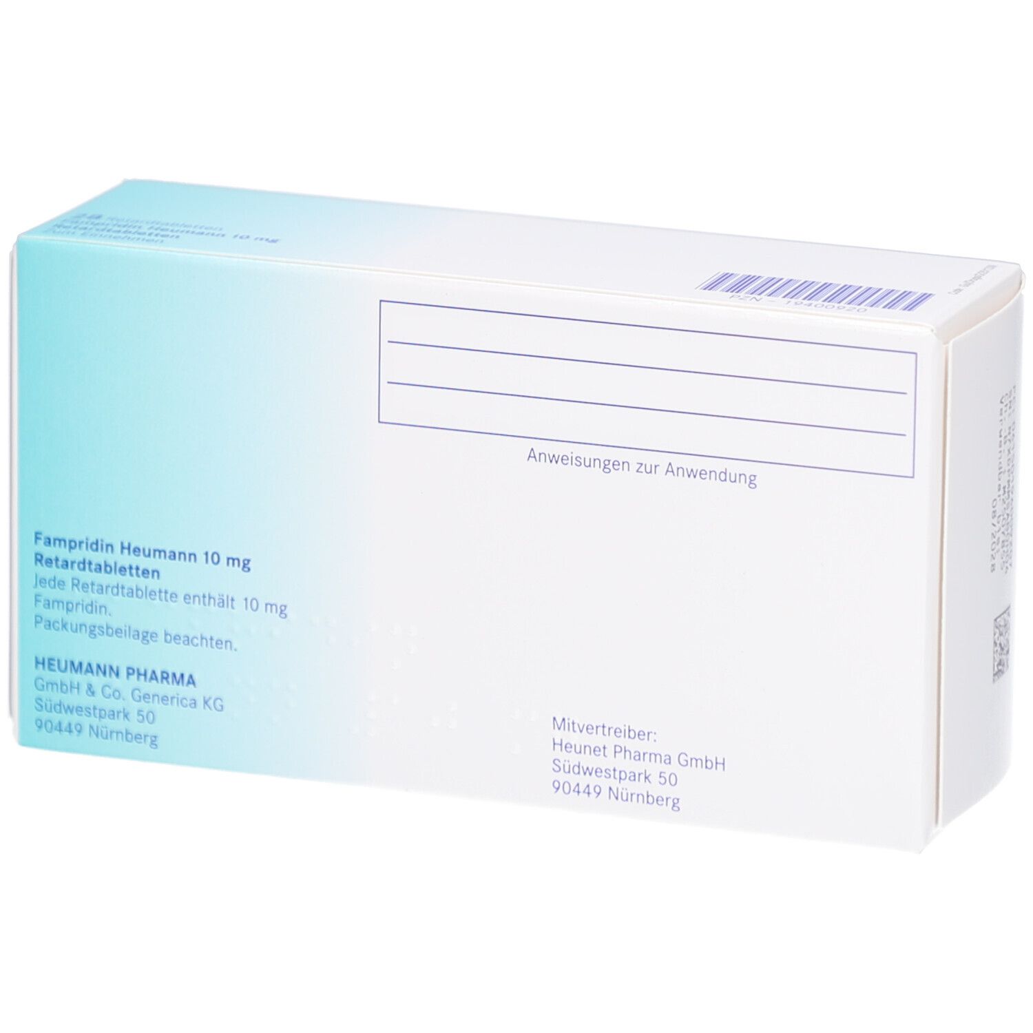 Rückseite der Schachtel mit FAMPRIDIN Heumann 10 mg Retardtabletten. Text: Anweisungen zur Anwendung. Herstellerinformationen.