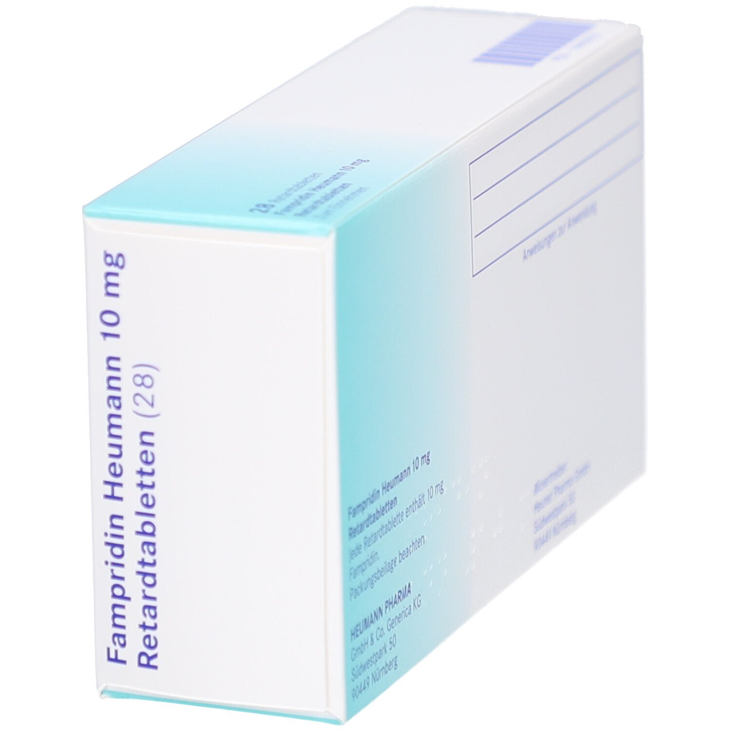 Schachtel mit FAMPRIDIN Heumann 10 mg Retardtabletten. Aufdruck: 28 Tabletten. Heumann Logo. Ansicht von der Seite.