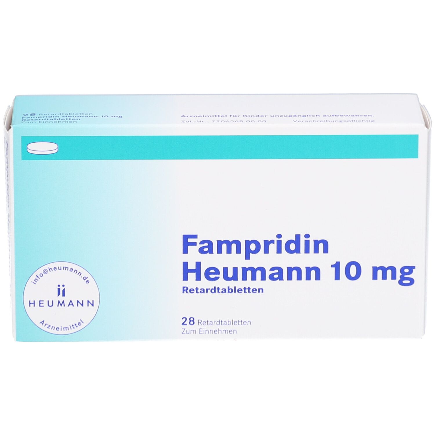 Weiße Faltschachtel mit FAMPRIDIN Heumann 10 mg Retardtabletten. Aufdruck: 28 Tabletten. Heumann Logo.
