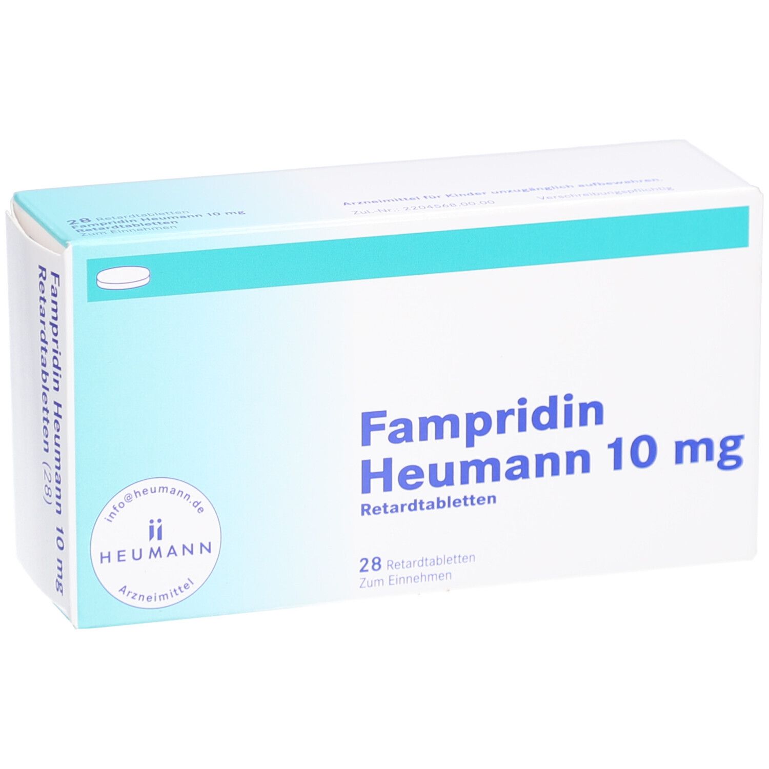 Weiße Faltschachtel mit FAMPRIDIN Heumann 10 mg Retardtabletten. Aufdruck: 28 Tabletten. Heumann Logo.