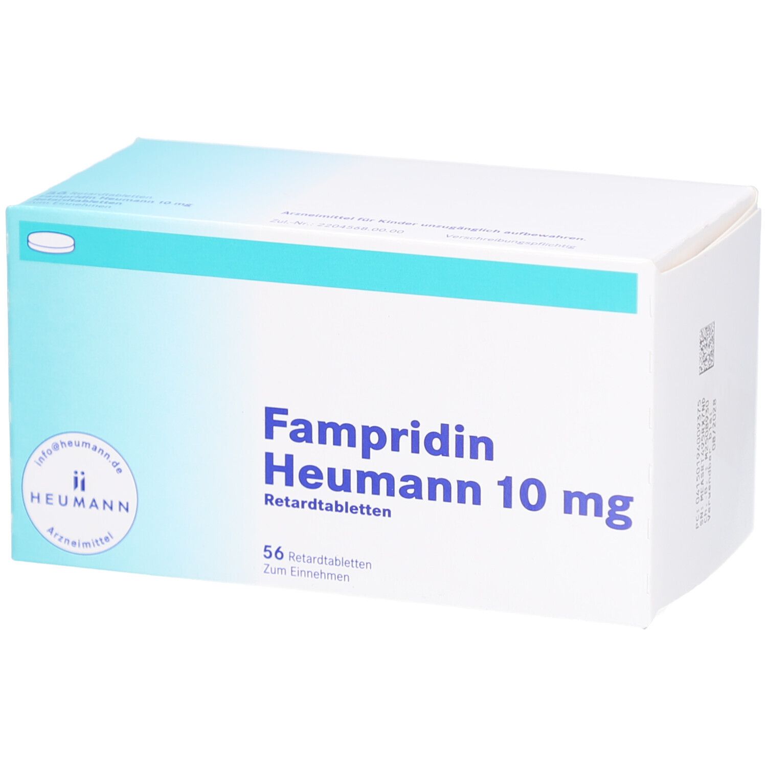 Weiße Faltschachtel mit blauer Schrift: Fampridin Heumann 10 mg Retardtabletten. 56 Tabletten. Heumann Logo.