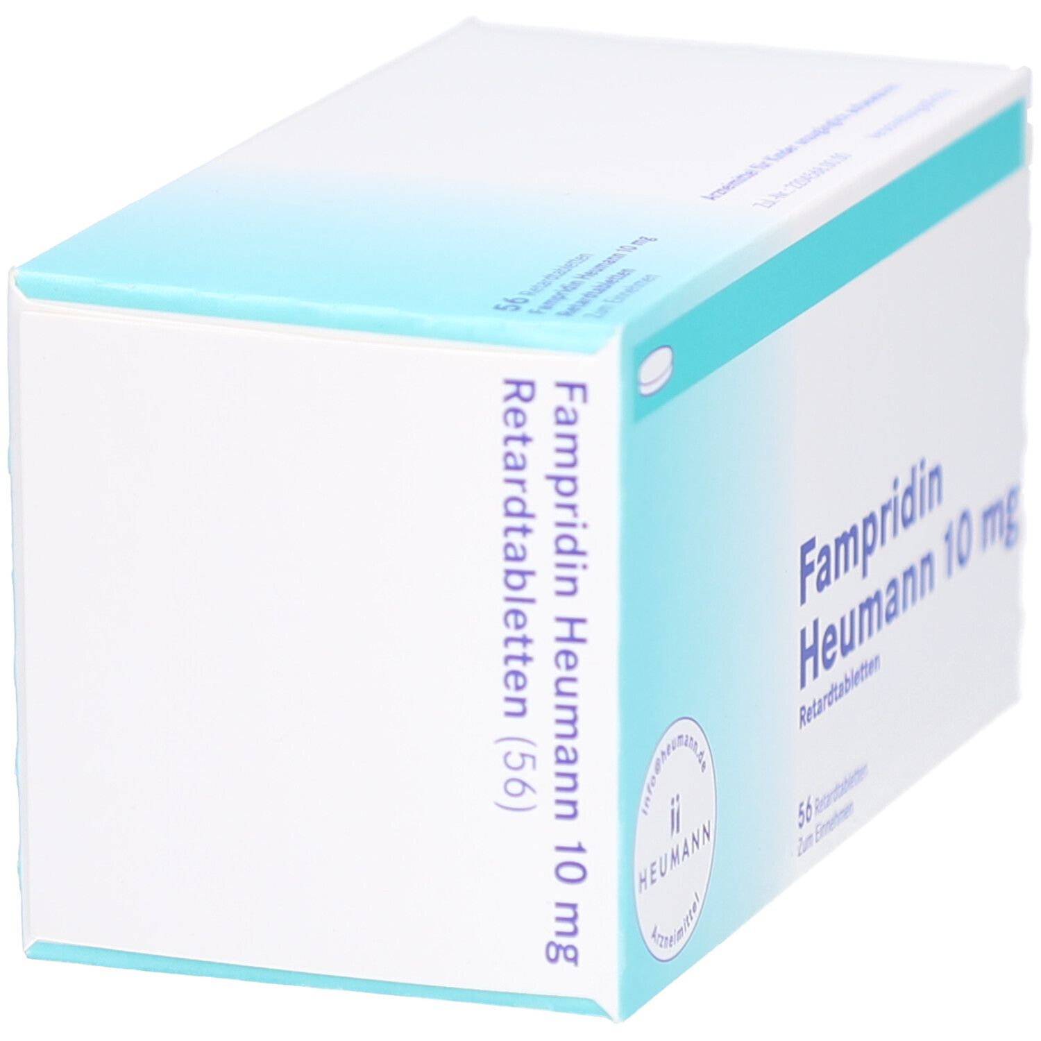 Schachtel mit blauer Schrift: Fampridin Heumann 10 mg Retardtabletten. 56 Tabletten. Heumann Logo. Schräge Ansicht.