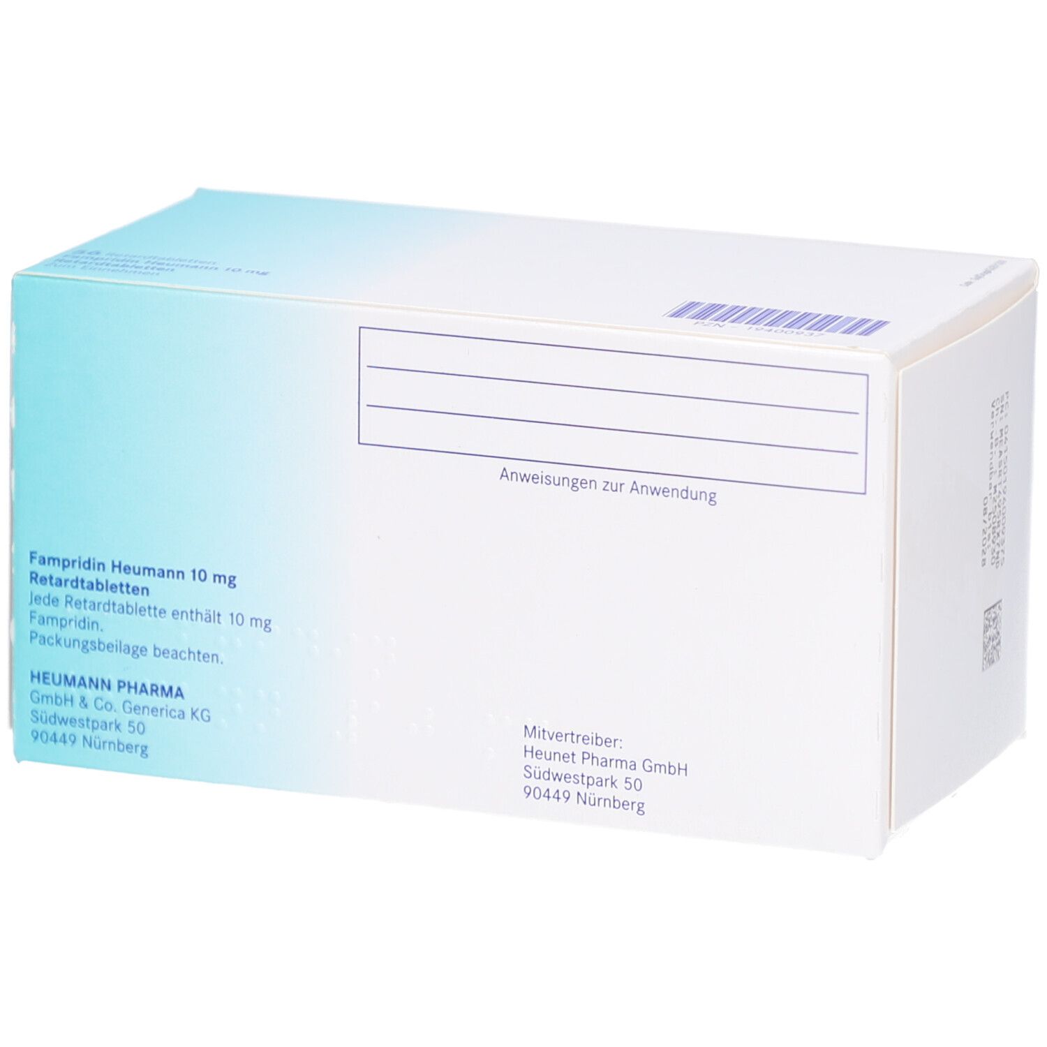Rückseite der Faltschachtel. Text: Fampridin Heumann 10 mg Retardtabletten. Herstellerinformationen und Barcode.