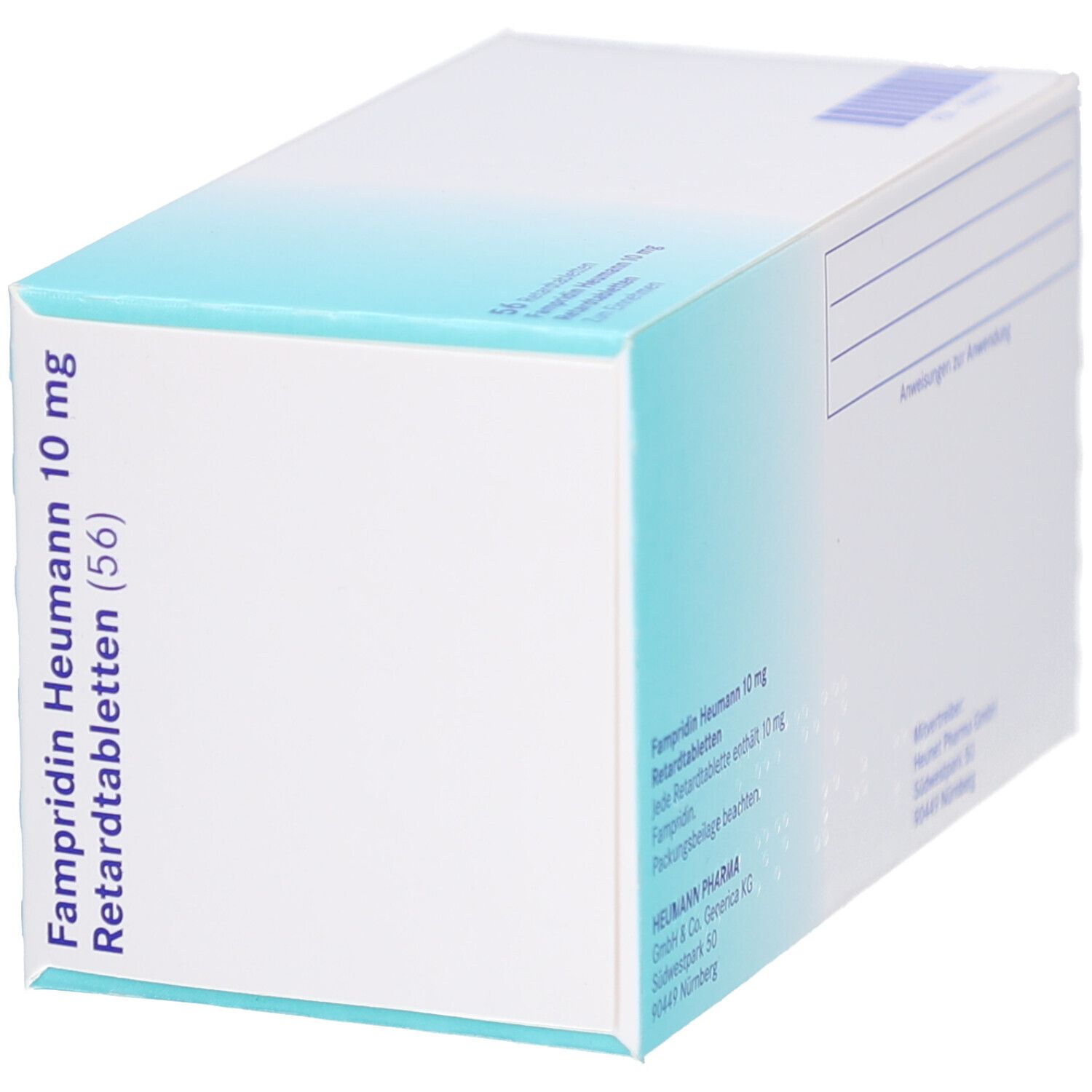 Schachtel mit blauer Schrift: Fampridin Heumann 10 mg Retardtabletten. 56 Tabletten. Herstellerinformationen. Schräge Ansicht.