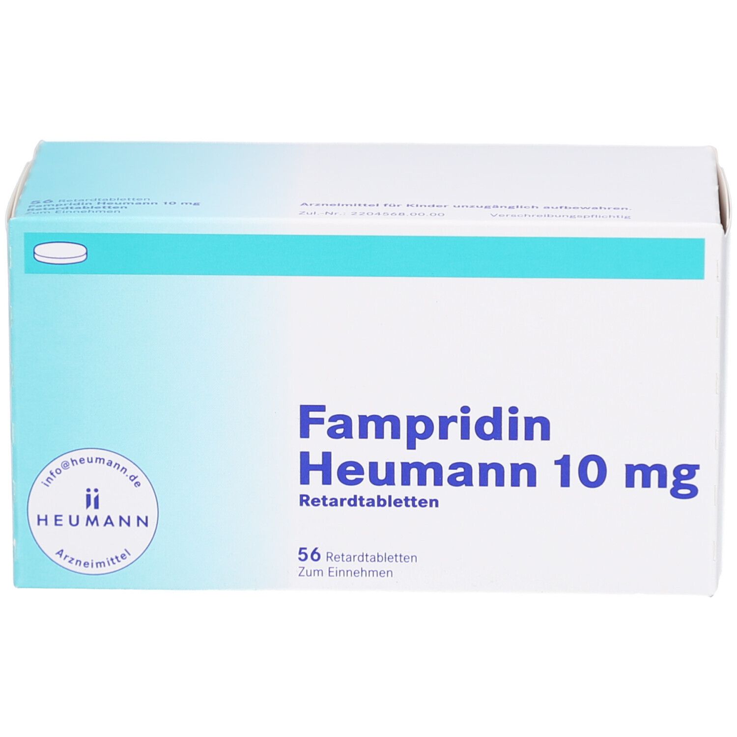 Weiße Faltschachtel mit blauer Schrift: Fampridin Heumann 10 mg Retardtabletten. 56 Tabletten. Heumann Logo.