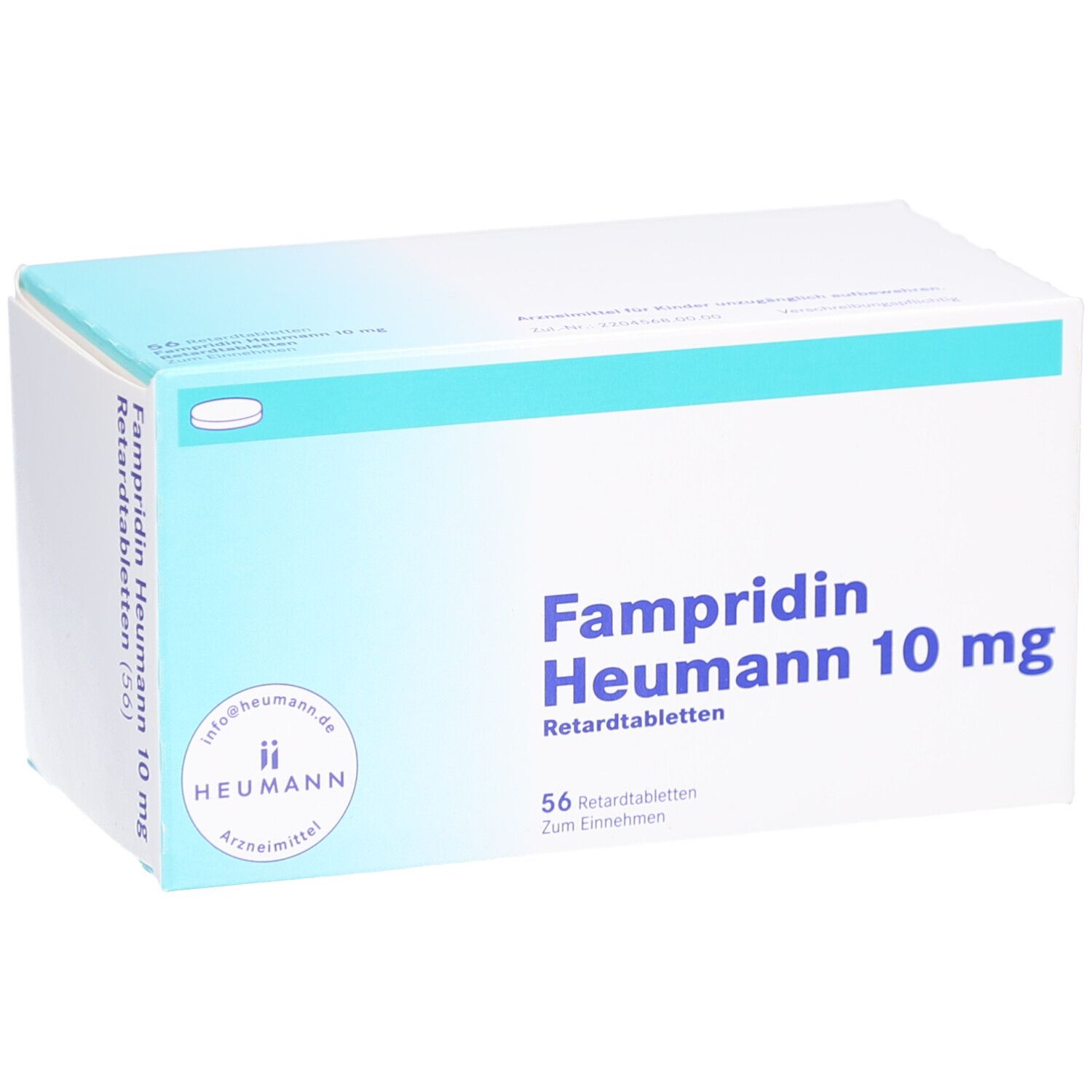 Schachtel mit blauer Schrift: Fampridin Heumann 10 mg Retardtabletten. 56 Tabletten. Heumann Logo. Schräge Ansicht.