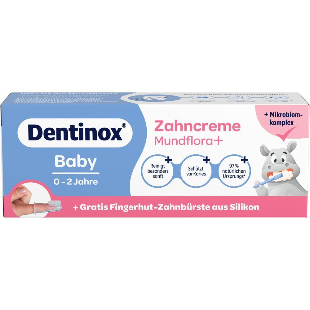Dentinox Baby Zahncreme Mundflora+ in Verpackung. Blaue und rosa Box mit Produktinformationen und Illustrationen.