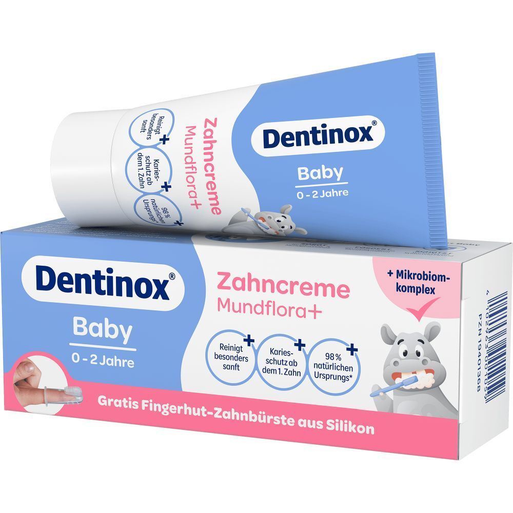 Dentinox Baby Zahncreme Mundflora+ Tube und Verpackung. Blaue Tube und Box mit Produktinformationen und Illustrationen.