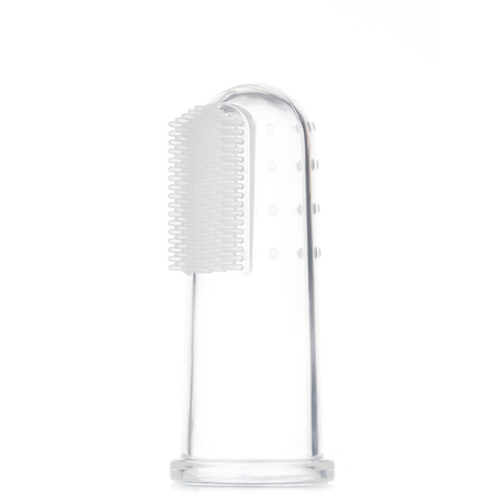 Transparente Fingerzahnbürste aus Silikon. Borstenbereich zur Reinigung der Zähne. Für Babys und Kleinkinder.