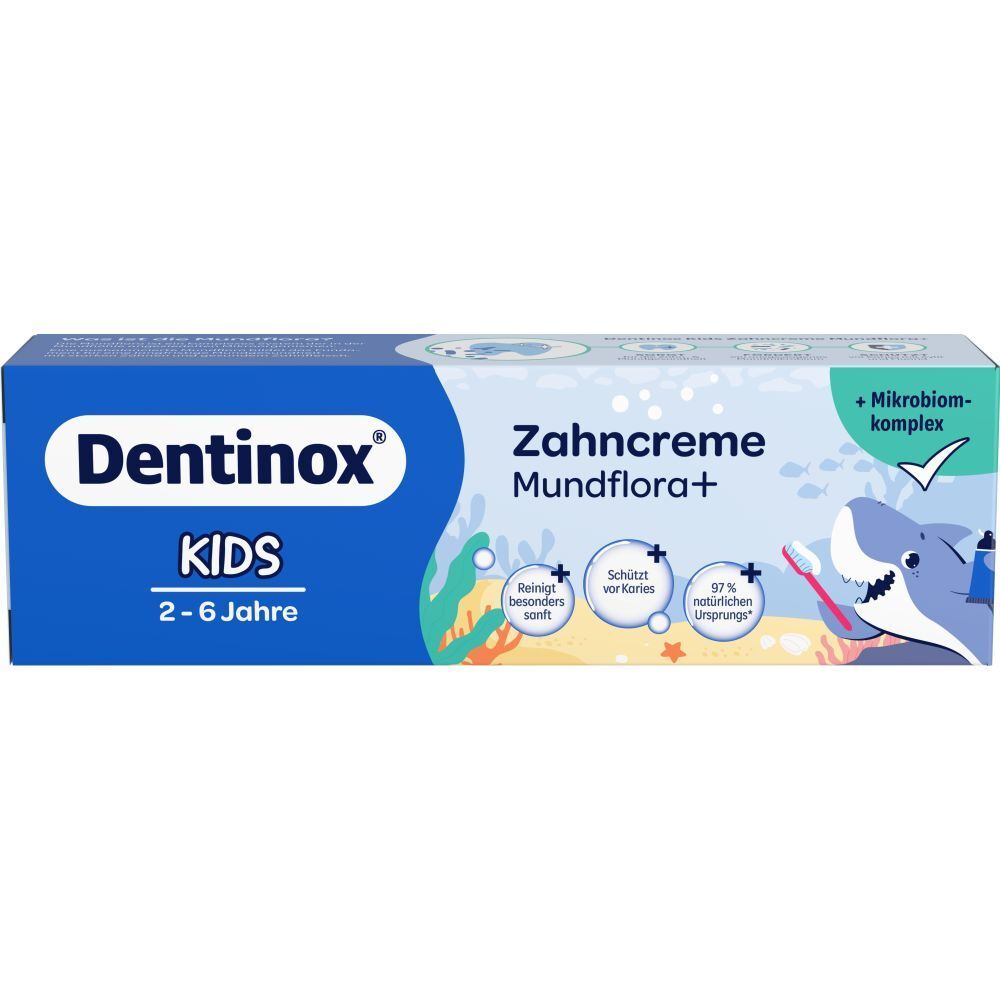 Dentinox KIDS Zahnpasta-Packung. Blaue Schachtel mit Produktnamen und Illustrationen. Enthält Informationen zu Inhaltsstoffen und Altersempfehlung.
