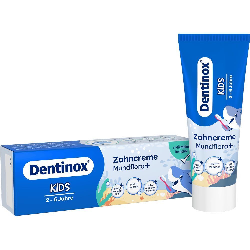 Dentinox KIDS Zahnpasta-Tube und -Packung. Blaue Tube und Schachtel mit Produktnamen und Illustrationen. Altersempfehlung 2-6 Jahre.