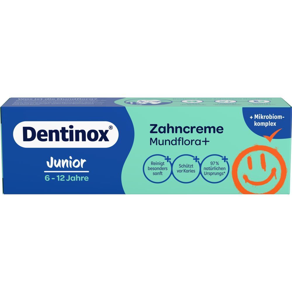 Zahncreme-Schachtel mit blauer und grüner Farbgebung. Aufschrift: Dentinox Junior, Zahncreme Mundflora+, 6-12 Jahre.
