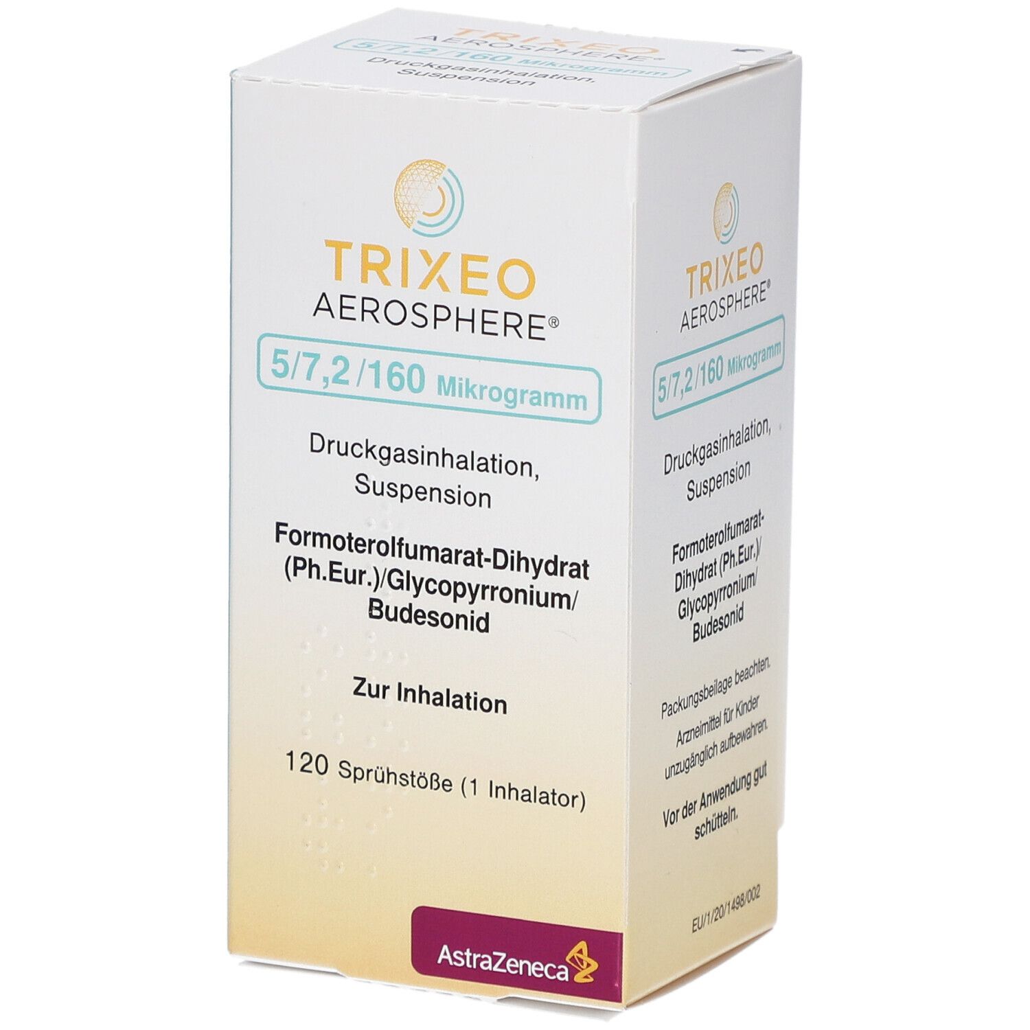 TRIXEO Aerosphere 5/7,2/160 Mikrogramm-Verpackung. Enthält 120 Sprühstöße. Mit AstraZeneca-Logo.