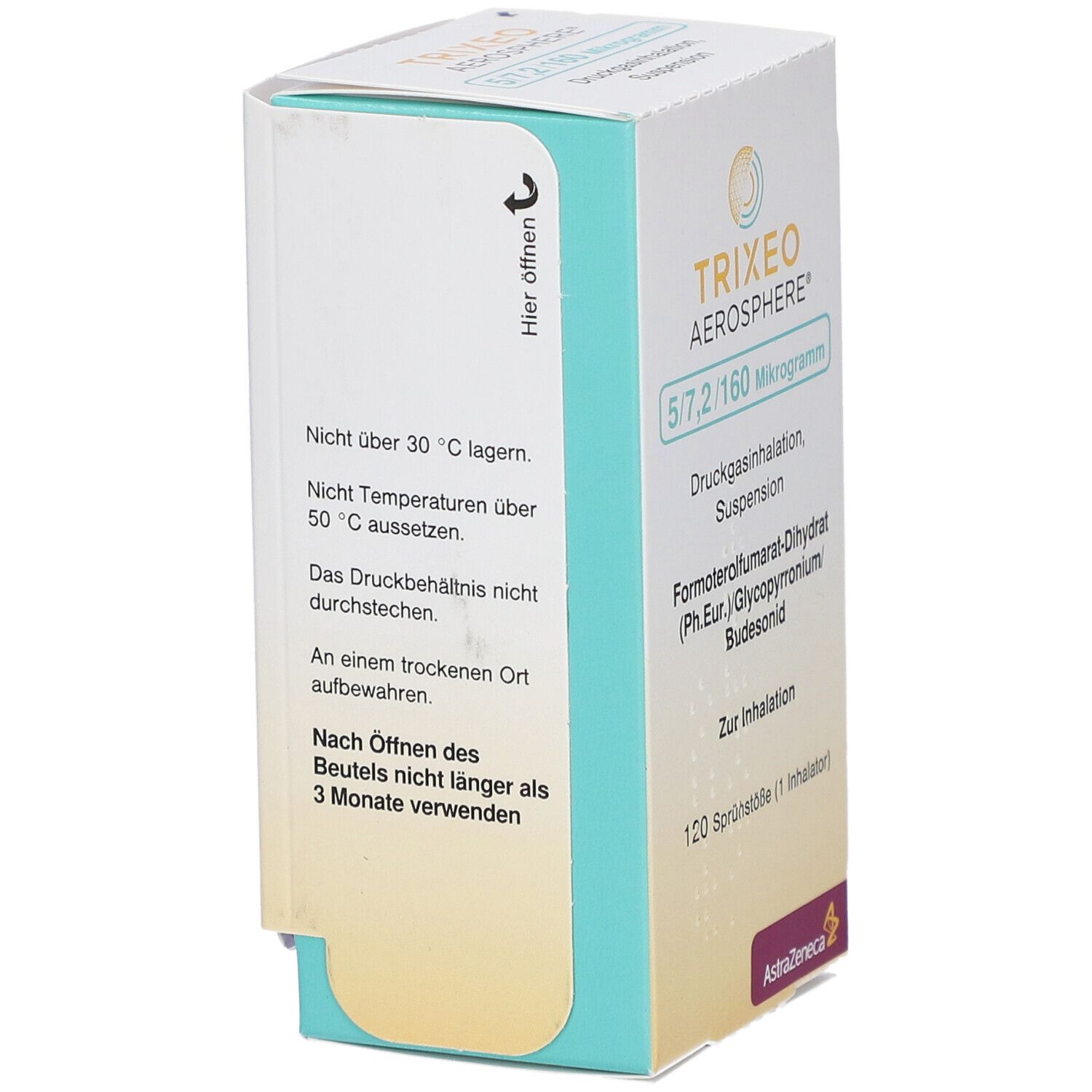 TRIXEO Aerosphere-Verpackung. Aufdruck: Nicht über 30°C lagern. An trockenem Ort aufbewahren. Nach Öffnen 3 Monate verwenden.