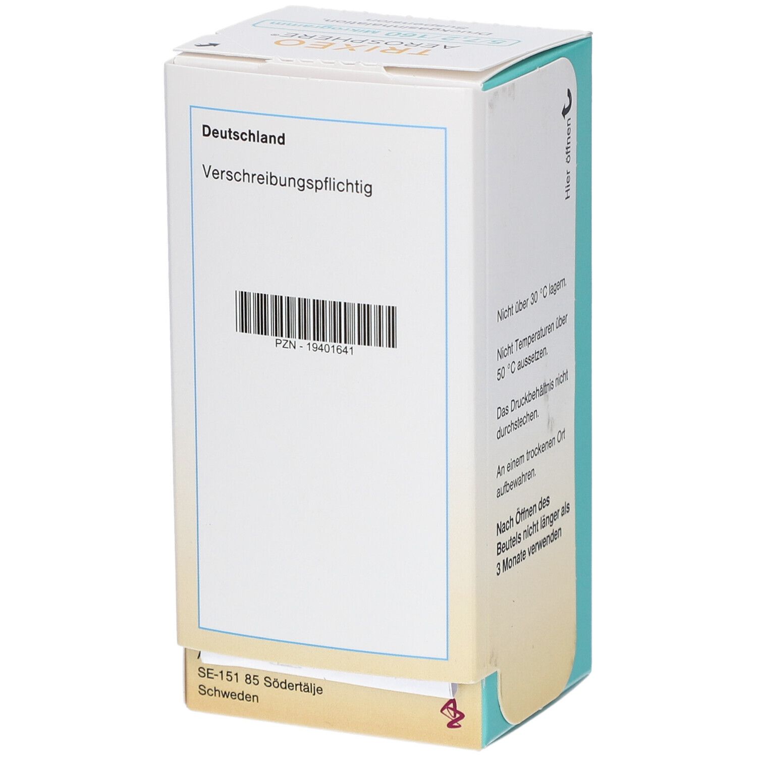 TRIXEO Aerosphere-Verpackung. Rückseite mit Barcode und Informationen: Deutschland, verschreibungspflichtig, PZN-19401641.