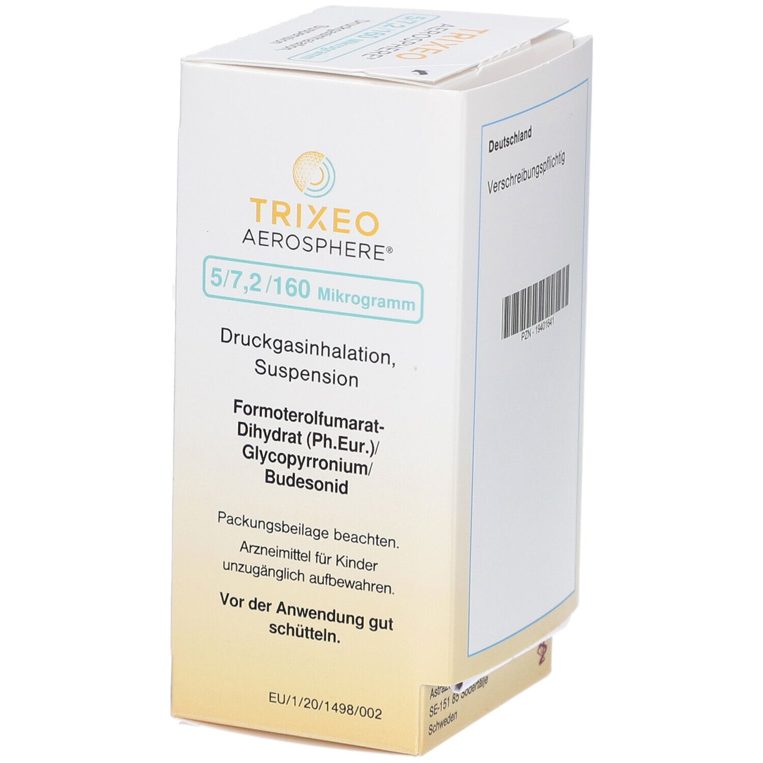 TRIXEO Aerosphere-Verpackung. Aufdruck: Vor der Anwendung gut schütteln. Beipackzettel beachten. Arzneimittel für Kinder unzugänglich.