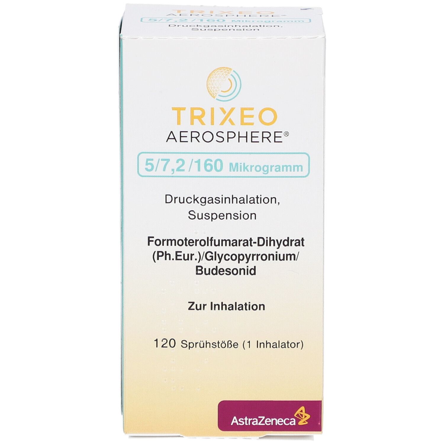 TRIXEO Aerosphere 5/7,2/160 Mikrogramm-Verpackung. Enthält 120 Sprühstöße. Mit AstraZeneca-Logo.