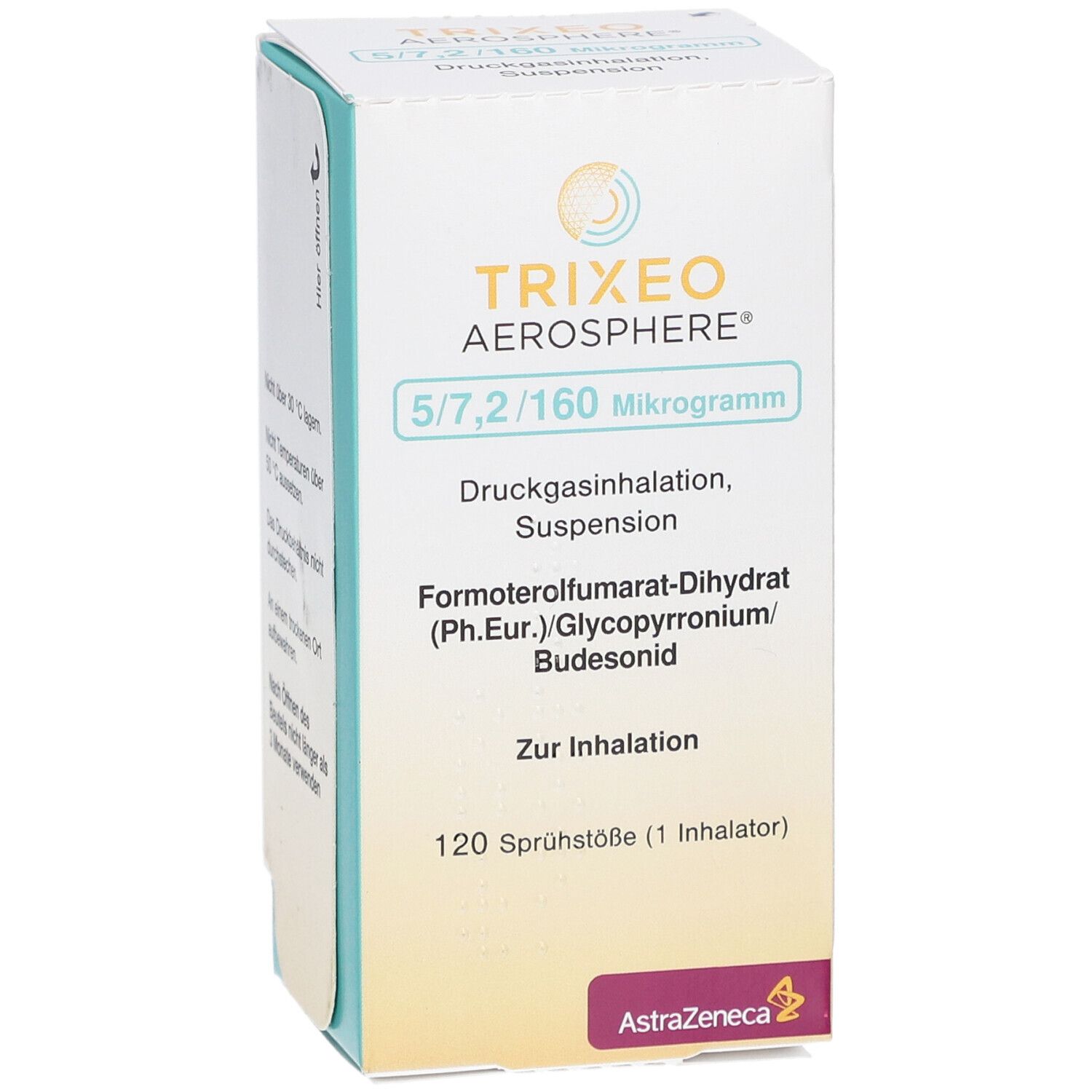 TRIXEO Aerosphere 5/7,2/160 Mikrogramm-Verpackung. Enthält 120 Sprühstöße. Mit AstraZeneca-Logo.