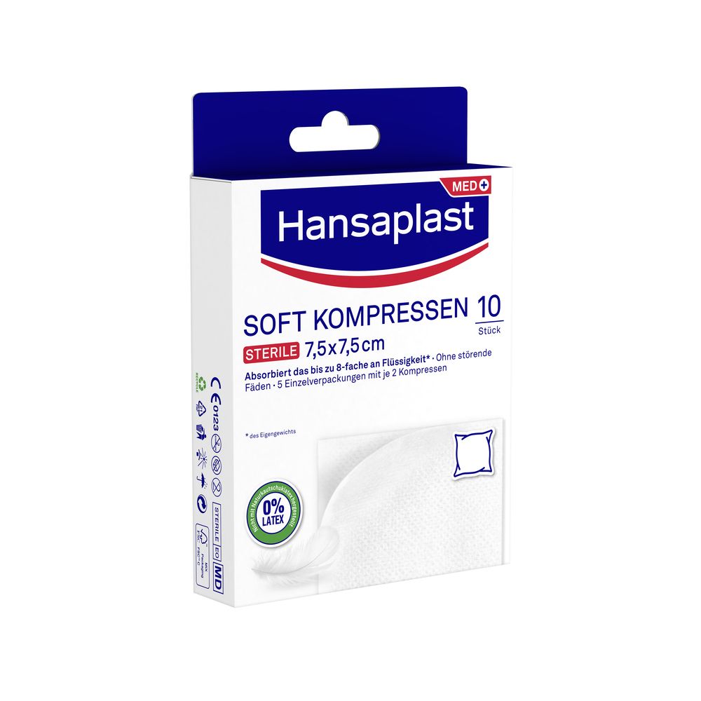 Hansaaplast Soft Kompressen Packung. 10 sterile Kompressen 7,5x7,5cm. 0% Latex. Weiche Kompressen.