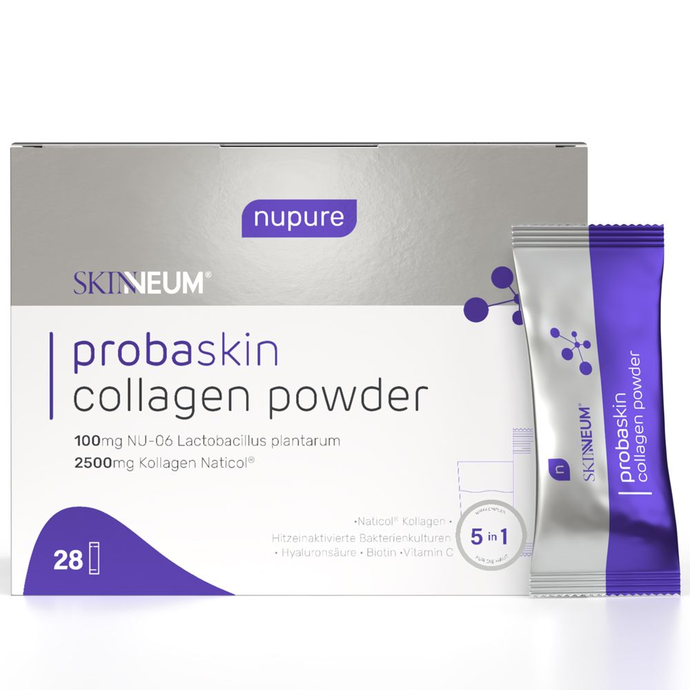 Schachtel und Beutel mit „probaskin collagen powder“. Aufschrift: 28 Beutel, 5 in 1. Marke: Skinneum, nupure.
