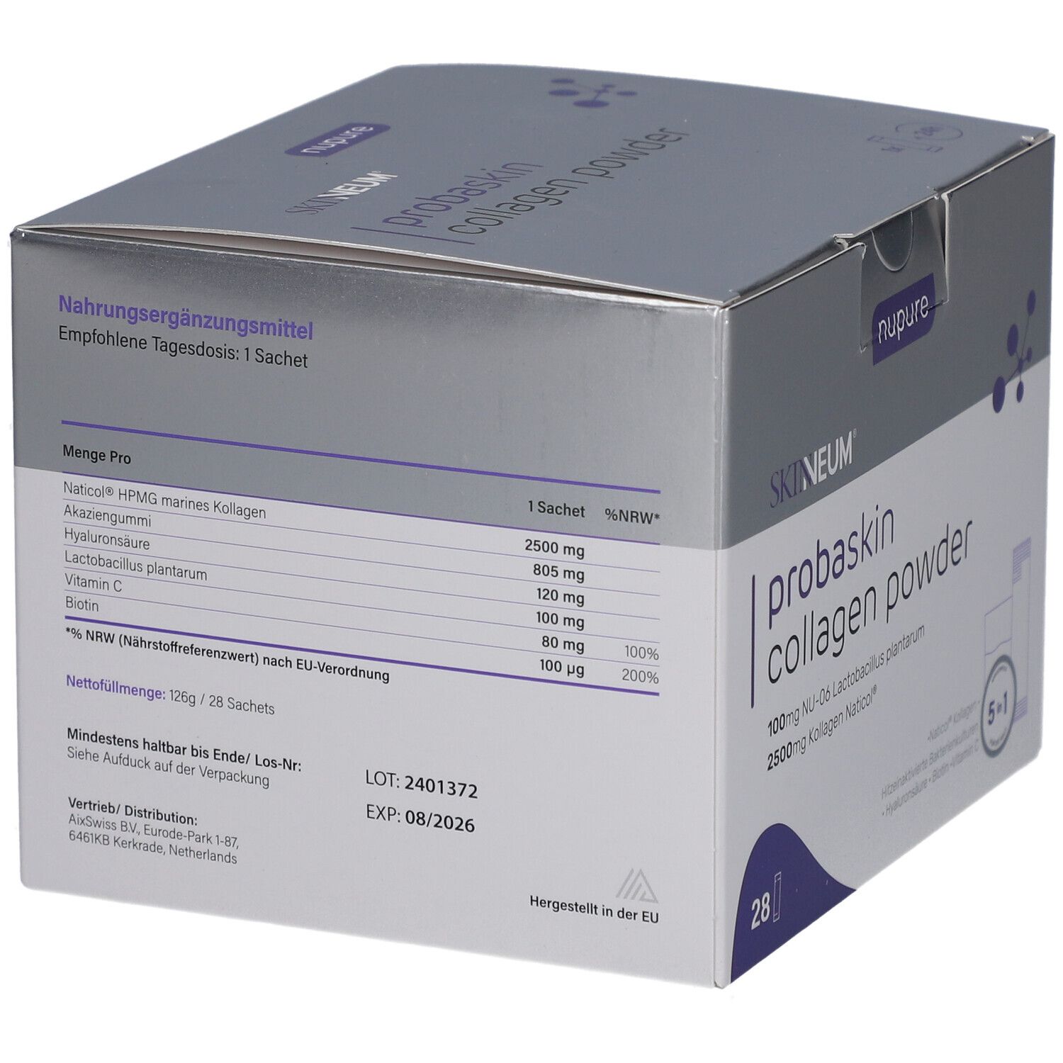 nupure probaskin Kollagenpulver mit Bakterienkulturen, Hyaluron & Biotin