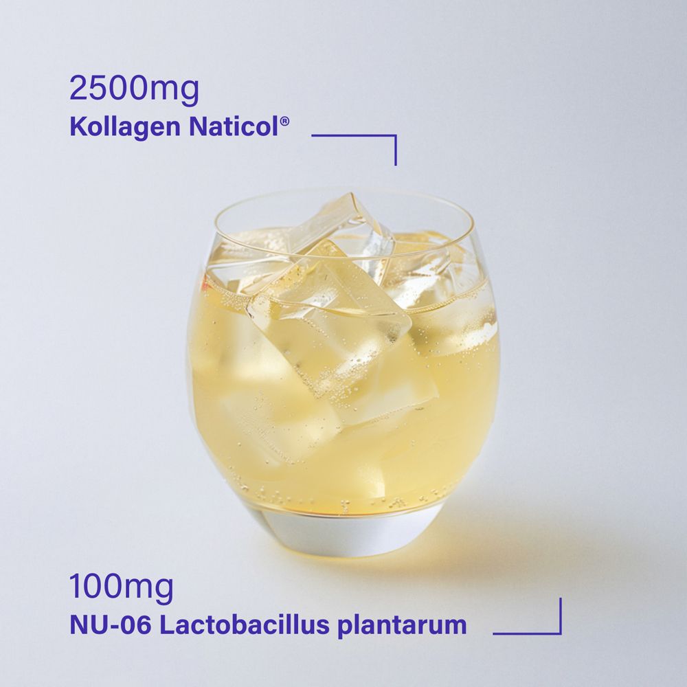 Glas mit Flüssigkeit und Eiswürfeln. Text: 2500mg Kollagen, 100mg NU-06 Lactobacillus plantarum.