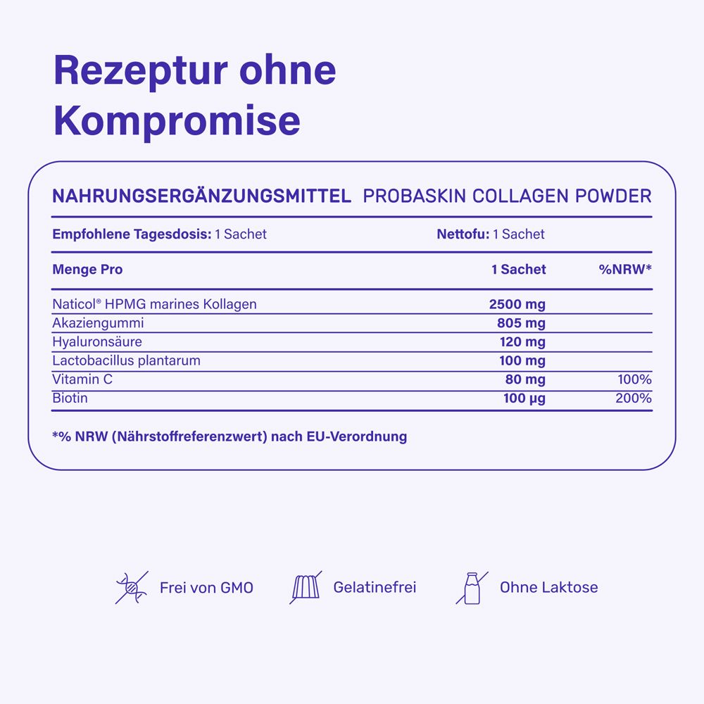 Nahrungsergänzungsmittel Probaskin Collagen Powder. Inhaltsstoffe und Nährwertangaben. Frei von GMO, Gelatine und Laktose.