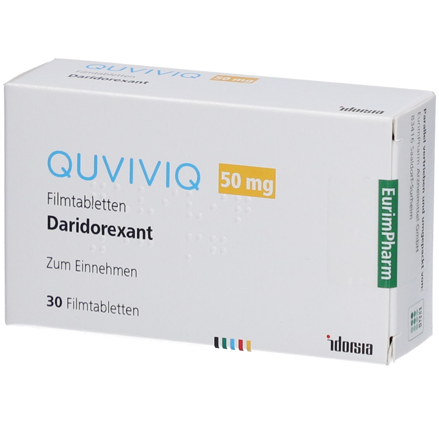 Schachtel mit QUVIVIQ 50 mg Filmtabletten. Aufschrift: Daridorexant, 30 Filmtabletten. EurimPharm-Logo.