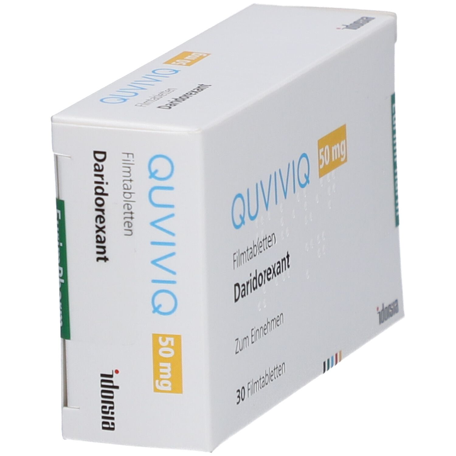Schachtel QUVIVIQ 50 mg Filmtabletten. Aufschrift: Daridorexant, 30 Filmtabletten. EurimPharm-Logo.