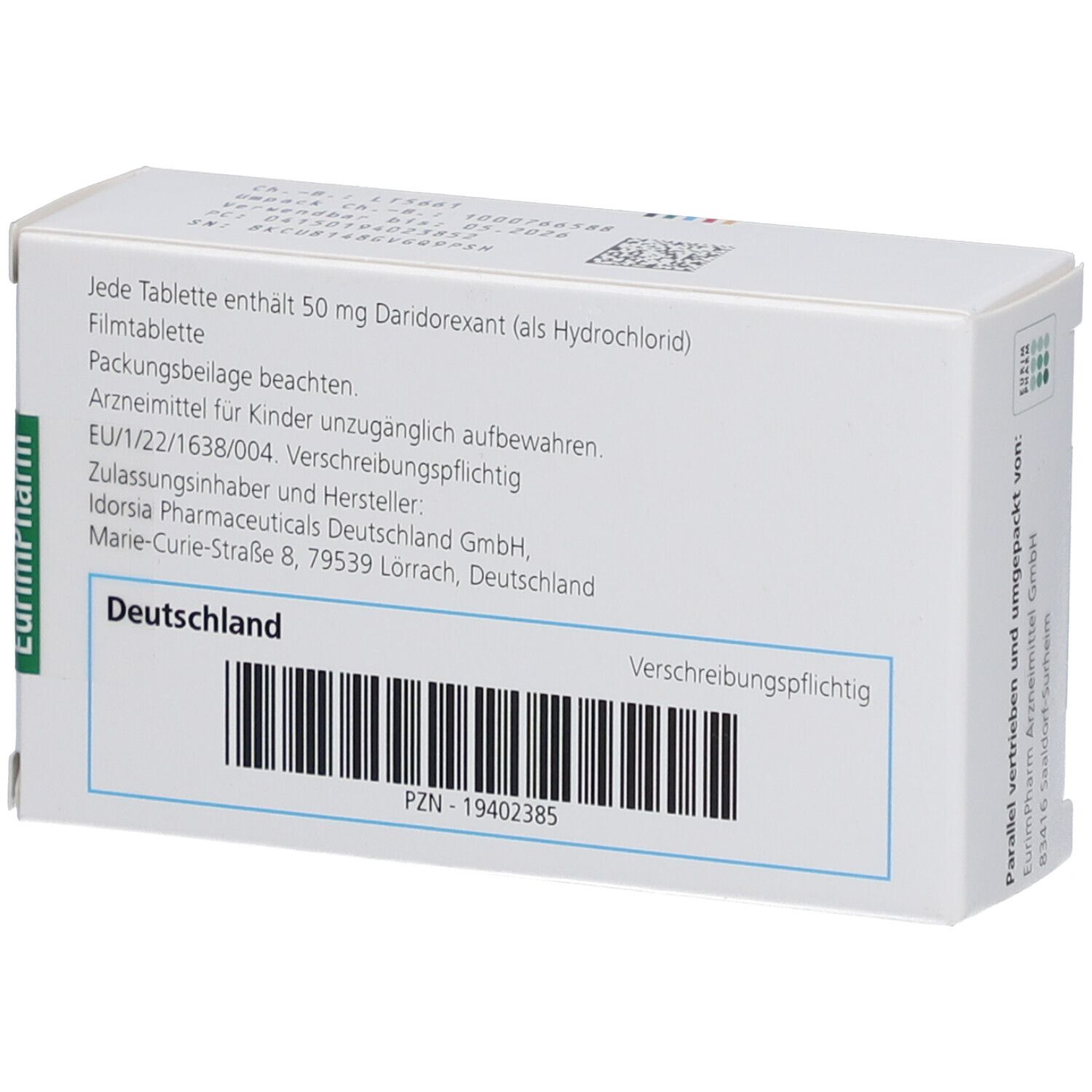 Rückseite der QUVIVIQ-Schachtel. Text: Jede Tablette enthält 50 mg Daridorexant. Hersteller: Idorsia Pharmaceuticals Deutschland GmbH.