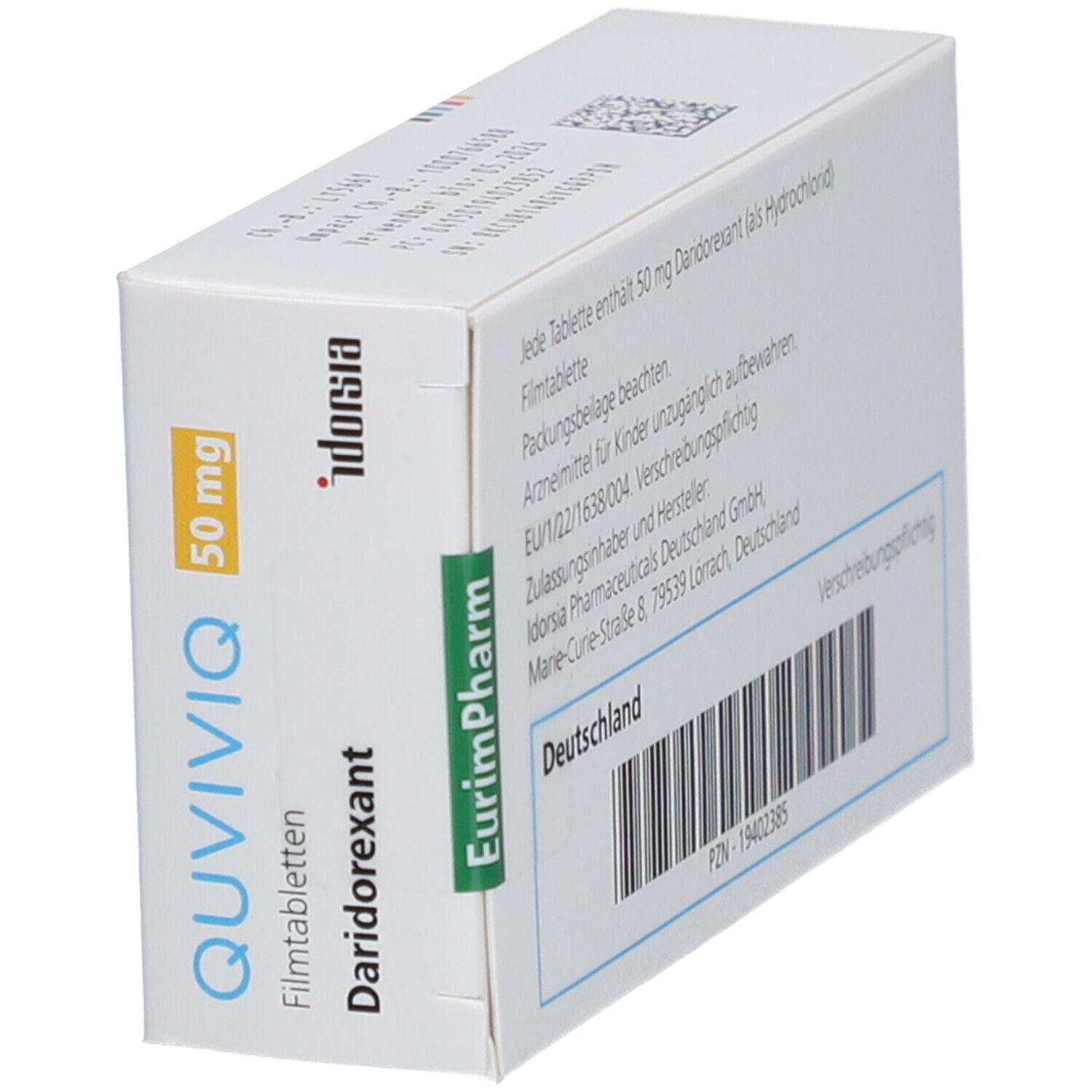 Schachtel QUVIVIQ 50 mg Filmtabletten. Aufschrift: Daridorexant. EurimPharm-Logo. Idorsia-Logo.