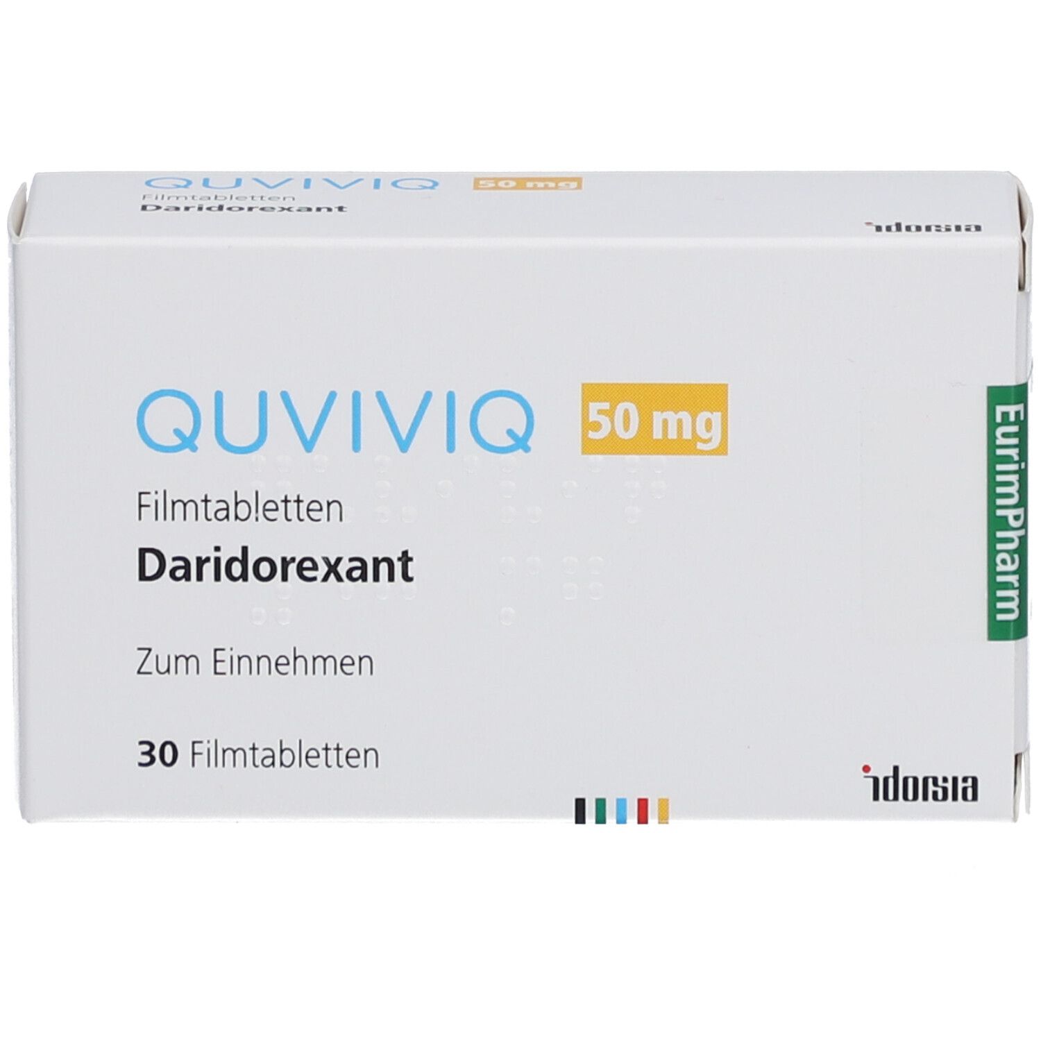 Schachtel mit QUVIVIQ 50 mg Filmtabletten. Aufschrift: Daridorexant, 30 Filmtabletten. EurimPharm-Logo.