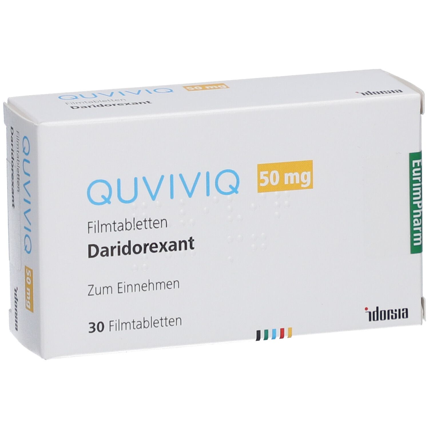 Schachtel QUVIVIQ 50 mg Filmtabletten. Aufschrift: Daridorexant, 30 Filmtabletten. EurimPharm-Logo.