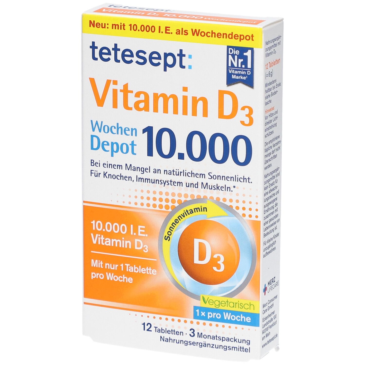tetesept Vitamin D3 10.000 I.E. Wochendepot-Verpackung. Weiße Schachtel mit Produktnamen und D3-Illustration. 12 Tabletten, 3-Monatspackung.