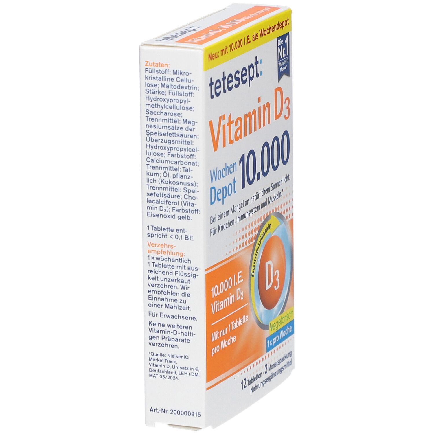 tetesept Vitamin D3 10.000 I.E. Wochendepot-Verpackung. Weiße Schachtel, Seitenansicht. Enthält Produktinformationen und Inhaltsstoffe.