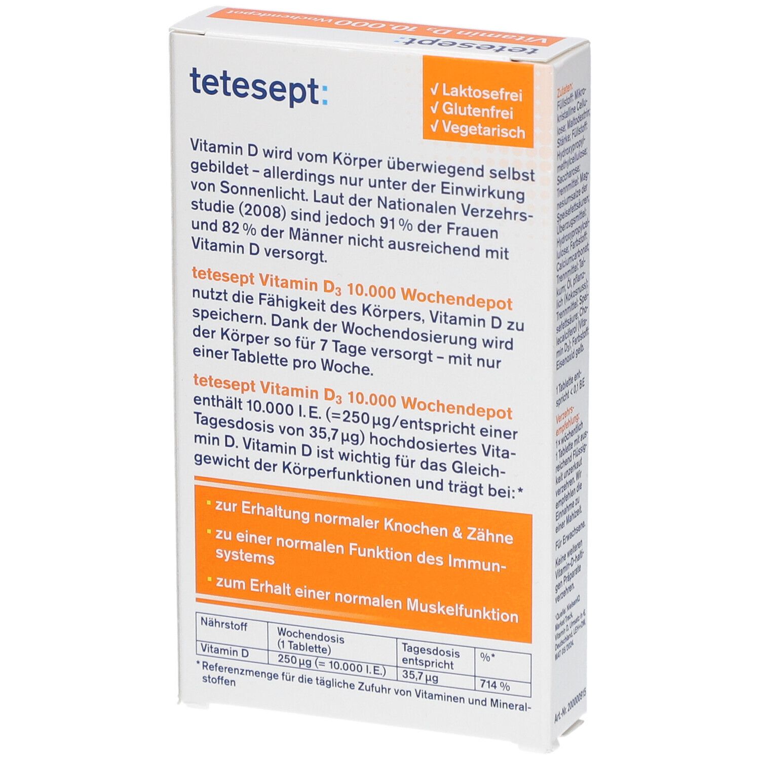 Rückseite der tetesept Vitamin D3 10.000 I.E. Wochendepot-Verpackung. Textinformationen über Vitamin D und die Anwendung.