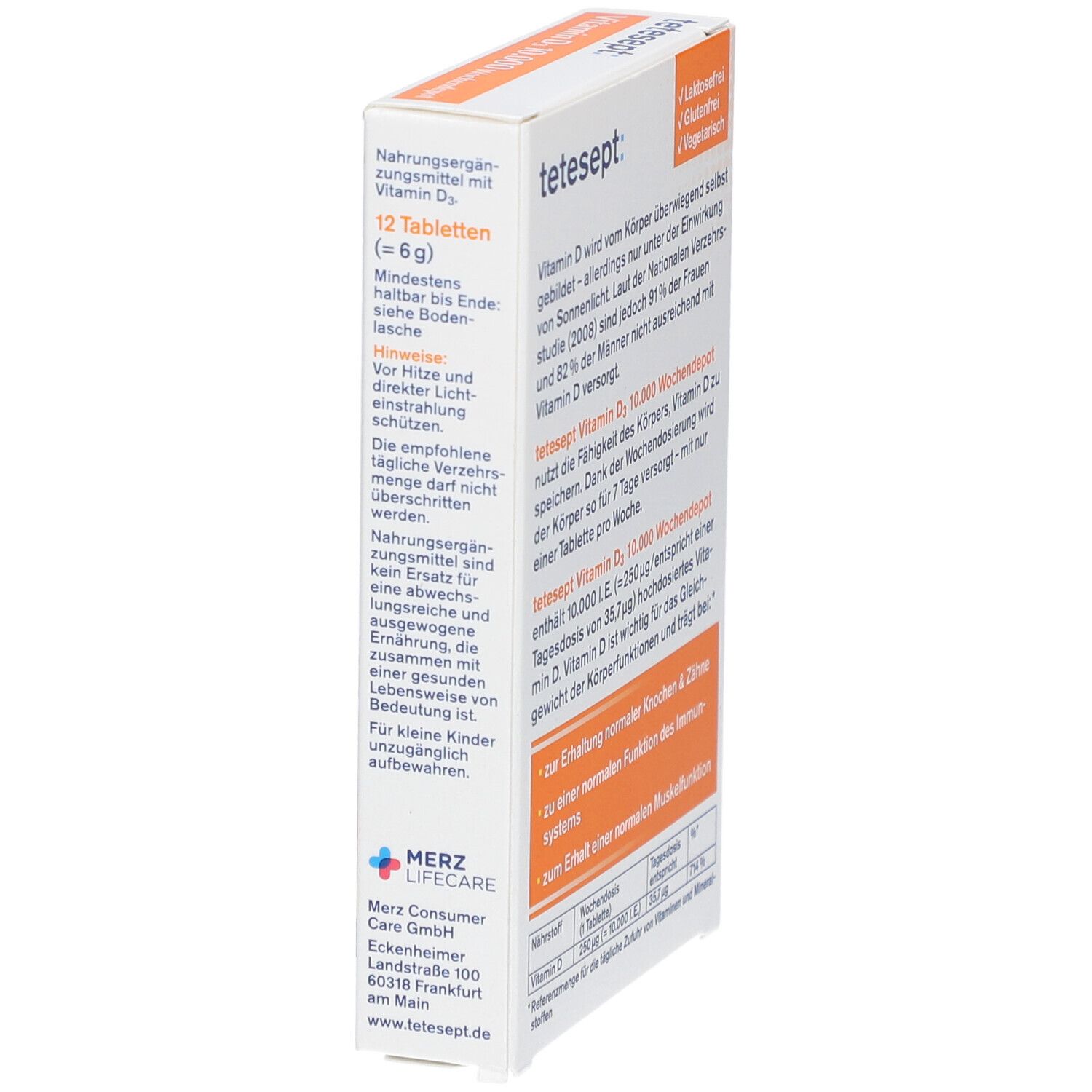 Seitenansicht der tetesept Vitamin D3 10.000 I.E. Wochendepot-Verpackung. Enthält Text und Informationen über das Produkt.