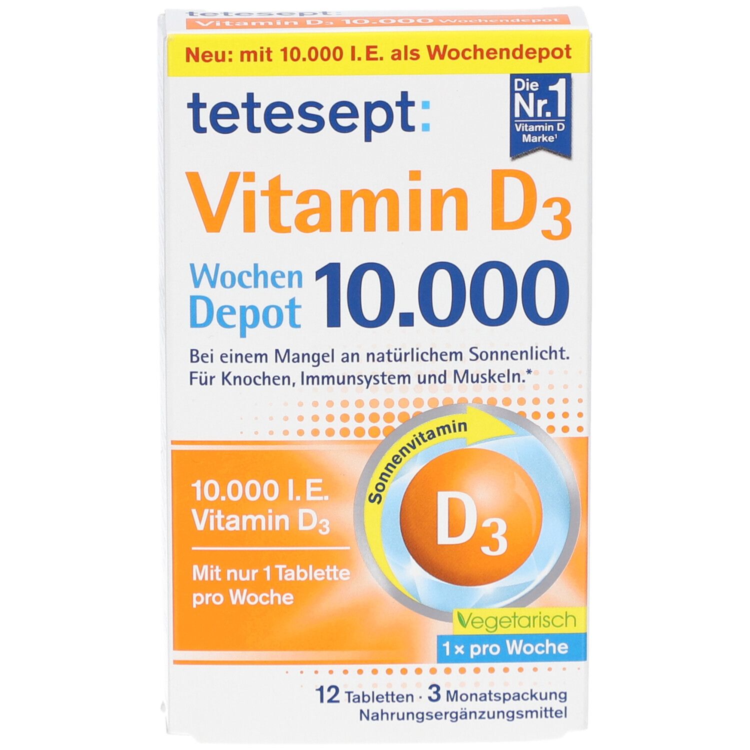 tetesept Vitamin D3 10.000 I.E. Wochendepot-Verpackung. Weiße Schachtel mit Produktnamen und D3-Illustration. 12 Tabletten, 3-Monatspackung.
