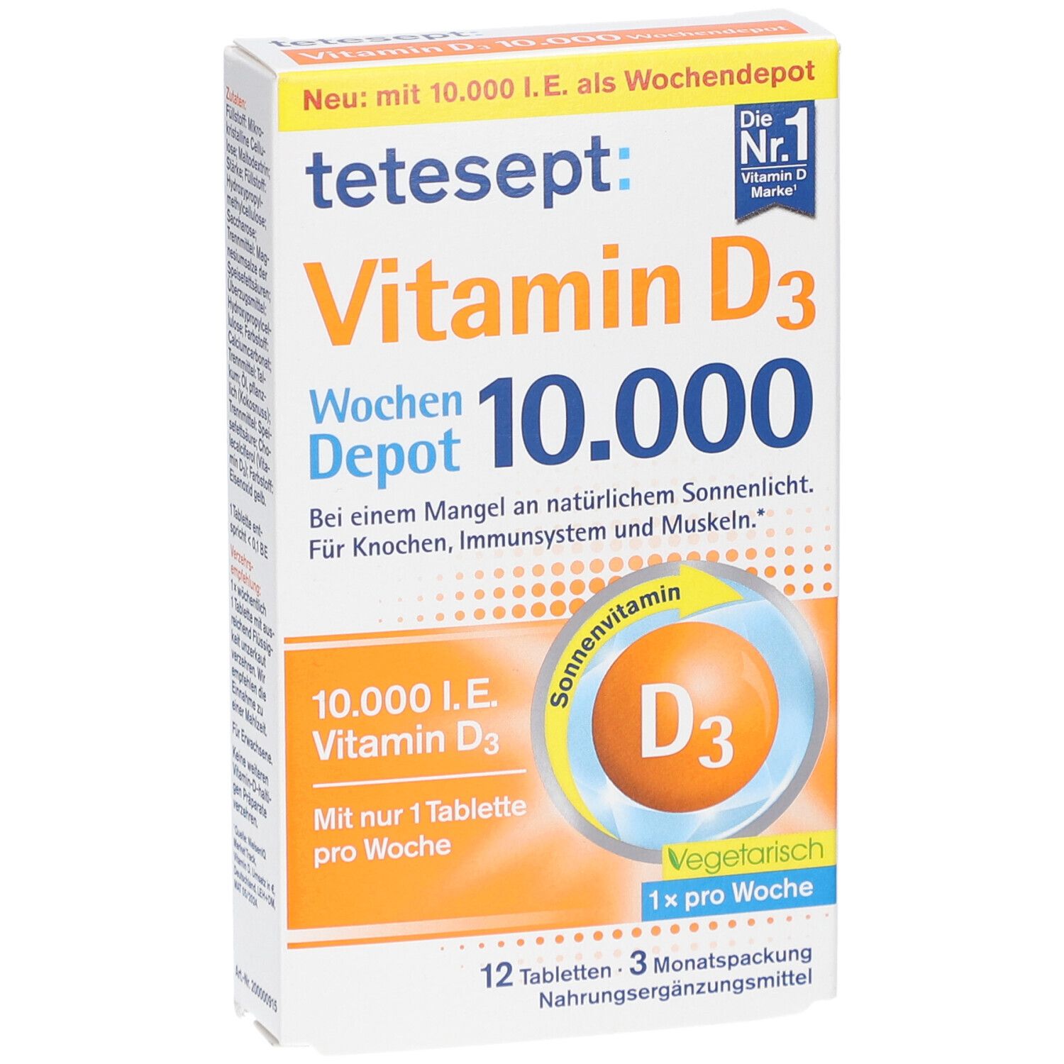 tetesept Vitamin D3 10.000 I.E. Wochendepot-Verpackung. Weiße Schachtel mit Produktnamen und D3-Illustration. 12 Tabletten, 3-Monatspackung.