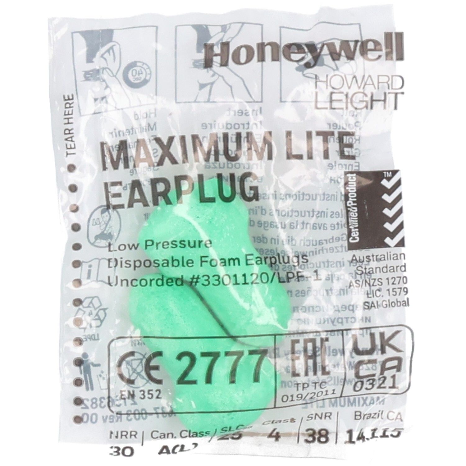 Grüne Gehörschutzstöpsel in transparenter Verpackung. Marke: Honeywell Howard Leight. Text: Maximum Lite, CE-Kennzeichnung.