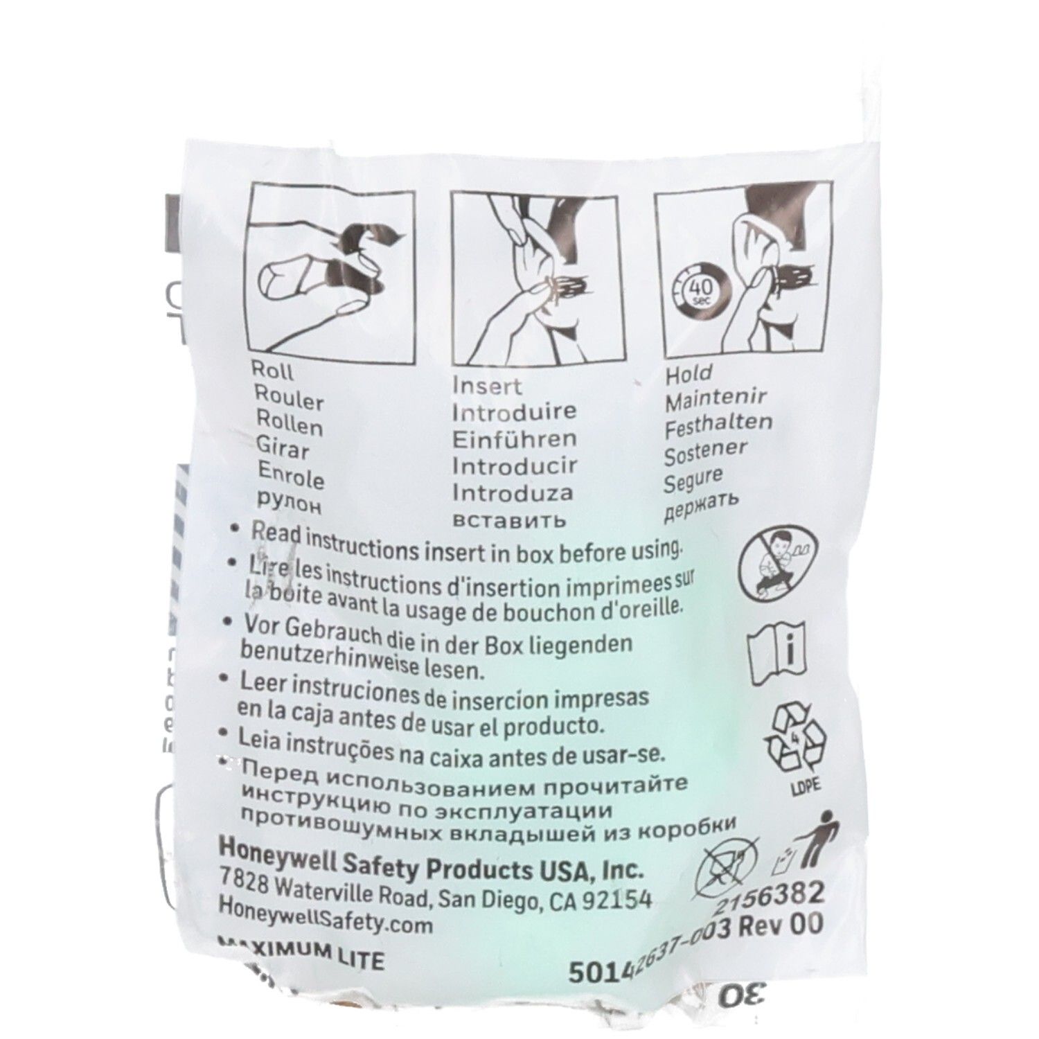 Rückseite der Verpackung mit Anweisungen und Piktogrammen. Text: Honeywell Safety Products USA, Inc. Maximum Lite.