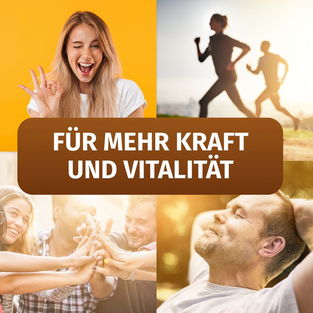 Collage mit vier Bildern: lächelnde Frau, Läufer, Gruppe von Freunden, entspannter Mann.