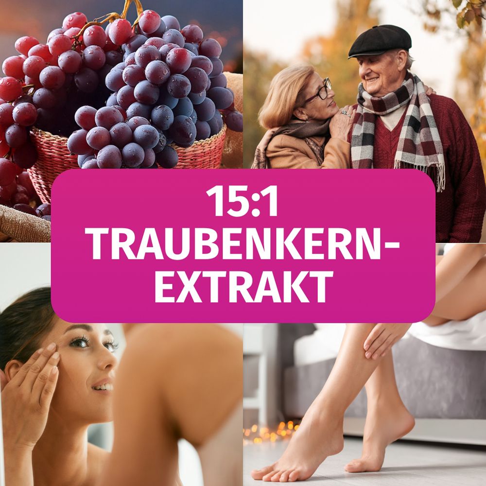 Collage: Trauben, älteres Paar, Frau blickt in Spiegel, Beine. 15:1 Traubenkernextrakt.