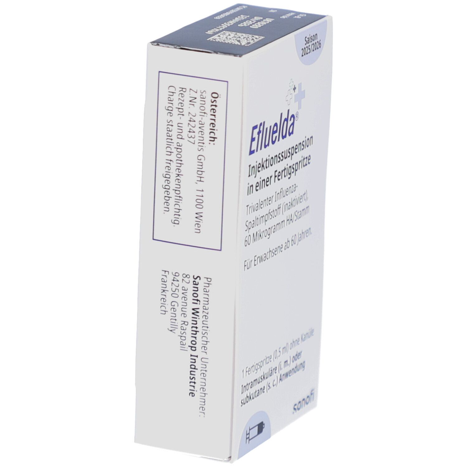 Weiße Schachtel 'Efluelda'. Seitenansicht mit Text: Injektionssuspension, Pharmazeutisches Unternehmen, Saison 2025/2026.