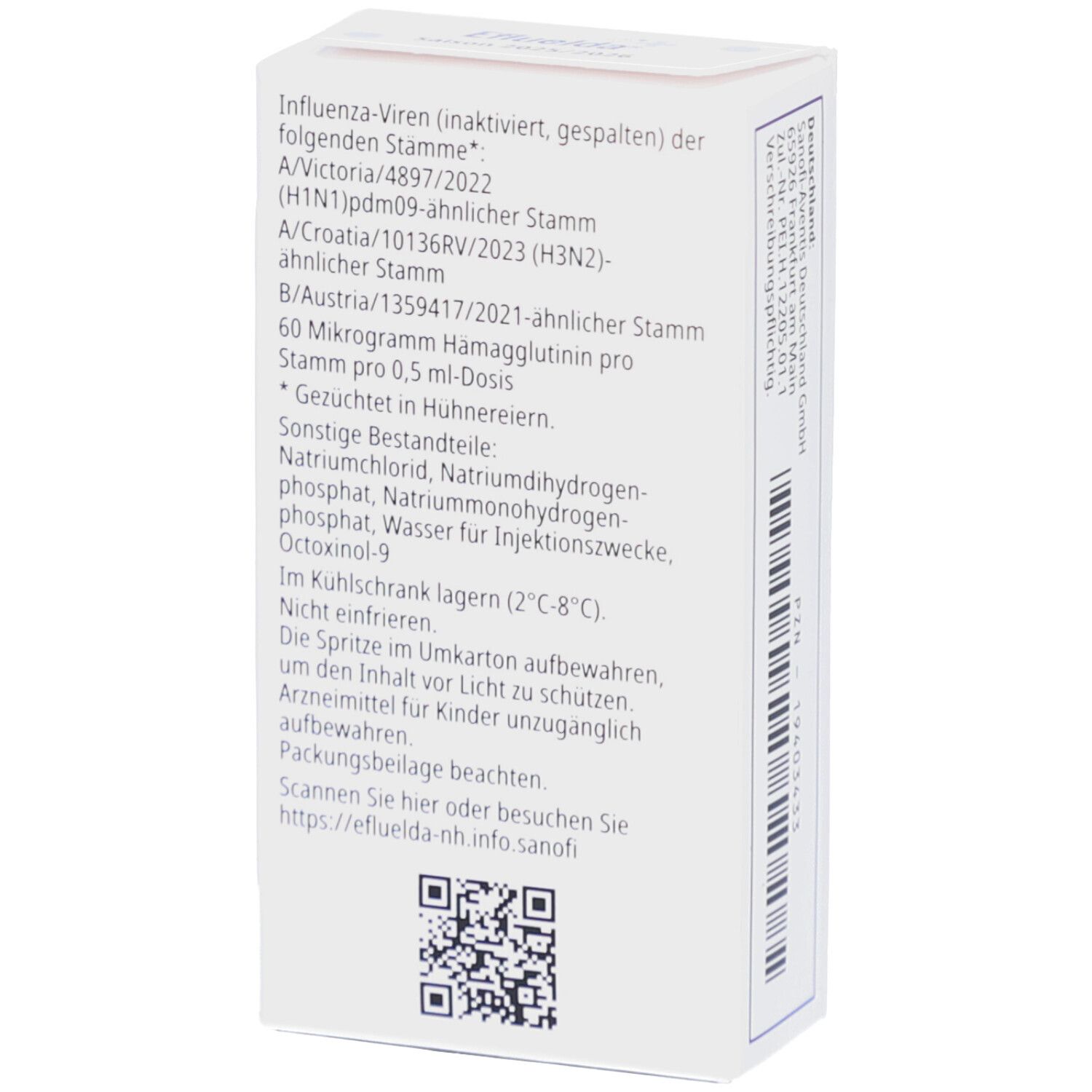 Weiße Schachtel mit Text. Enthält Informationen zu Influenza-Viren, Inhaltsstoffen und Lagerungshinweisen. QR-Code.