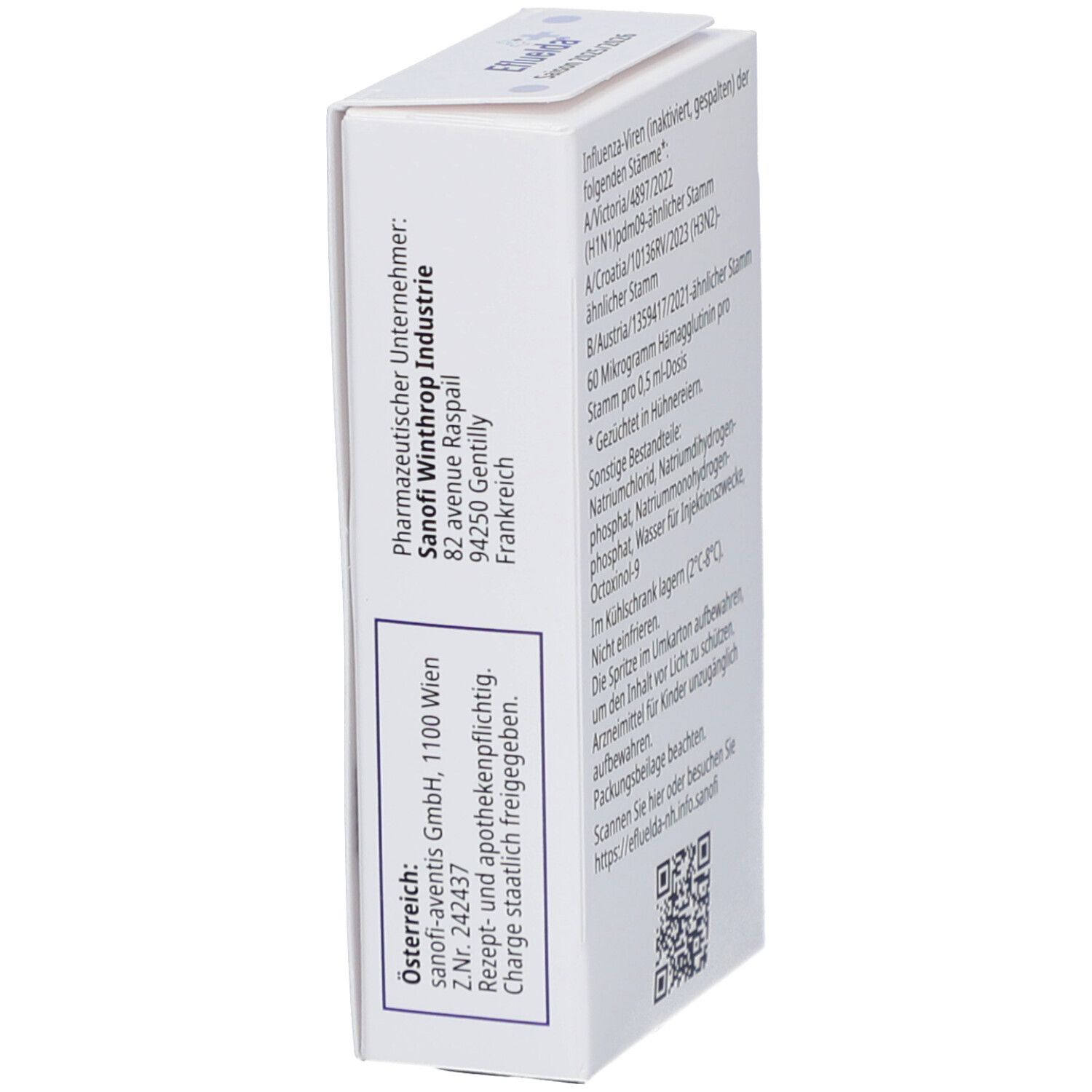 Weiße Schachtel 'Efluelda'. Seitenansicht mit Text: Pharmazeutisches Unternehmen, Österreich, Saison 2025/2026.